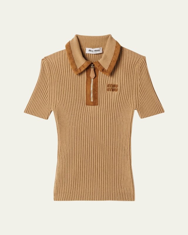 Cashmere Rib Short-Sleeve Polo Top